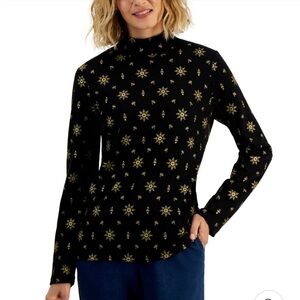 Karen Scott Black and Gold Star Pattern Long Sleeve Top Size XL